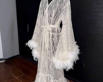 Bridal Lace Robe with Glitter Finish and Feather Cuffs – Handmade Long Wedding Robe