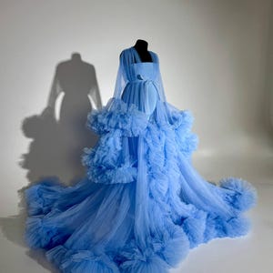 Blue Tulle Maternity Robe: Handmade Ruffle Gown with Long Train