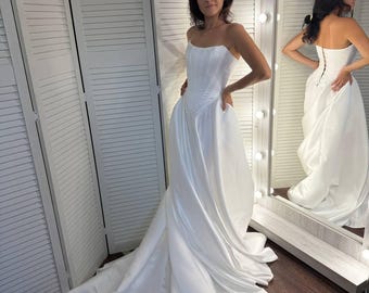Satin Wedding Dress with Pockets | Elegant Lace-Up Corset Bridal Gown & Train
