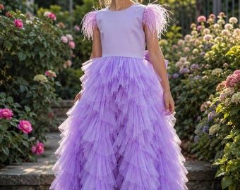 Flower Girl Dress, Lavender Tulle Dress, Lilac Princess Dress, Feather Sleeve Dress, Birthday Party Dress, Wedding Gown
