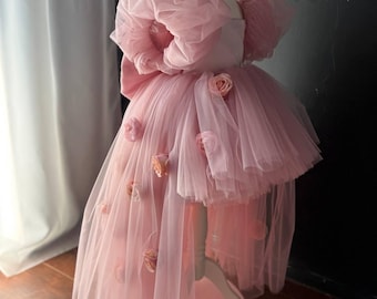 Pink Flower Girl Dress, Tulle Princess Dress, Baby Girl Birthday Dress, Toddler Party Dress, Puffy Sleeve Dress, Handmade Dress