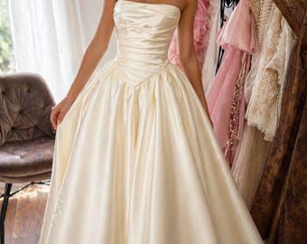 Vestido de corsé de mikado sin tirantes, vestido de gala para boda o noche, vestido de princesa de color personalizado, espalda con cordones, vestido de novia hecho a mano