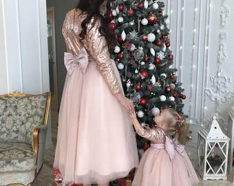 Blush Sequin Mom and Daughter Matching Dresses: Tulle Skirts