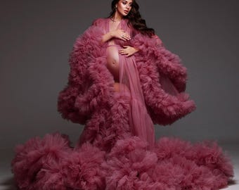 Luxury Tulle Maternity Robe | Ruffle Feather Gown, Handmade