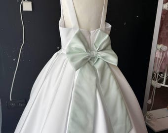 Vestido de niña de las flores con lazo, vestido de niña de satén blanco, vestido de princesa para niñas, vestido de boda para niñas pequeñas, vestido con lazo de color personalizado