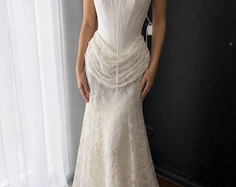 Elegante vestido de novia de sirena, vestido de novia de encaje, vestido de novia con corsé, vestido de novia sin tirantes, vestido de novia romántico de encaje