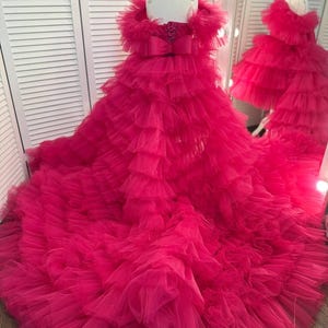 Hot Pink Tulle Princess Gown: Detachable Train, Lace-Up Corset