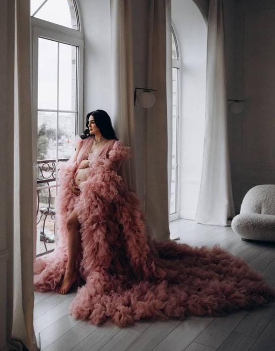 2-Layer Thick Feather Tulle Robe Set – Luxury Photoshoot / Holiday Glam Gown (Multi-Color)