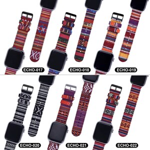 May include: A collection of Apple Watch bands with colorful woven fabric designs. Each band features a different pattern, including geometric shapes and stripes, with a black buckle. The bands are labeled with the text "ECHO-017" through "ECHO-022".