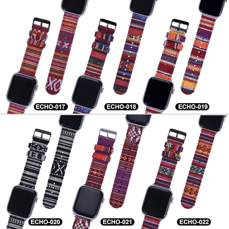 May include: A collection of Apple Watch bands with colorful woven fabric designs. Each band features a different pattern, including geometric shapes and stripes, with a black buckle. The bands are labeled with the text "ECHO-017" through "ECHO-022".