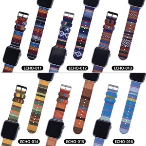 May include: A collection of patterned watch bands in various colors, including red, blue, orange, and yellow. Each band is attached to a black smartwatch. The bands feature geometric and tribal designs. The text "ECHO-011", "ECHO-012", "ECHO-013", "ECHO-014", "ECHO-015", and "ECHO-016" is printed on the image.