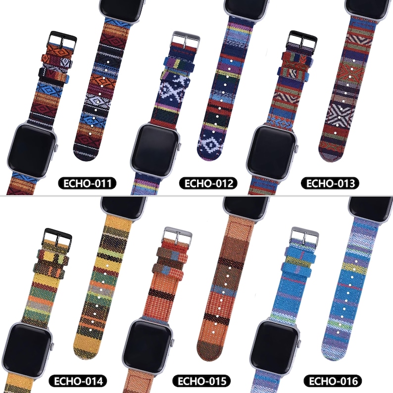 May include: A collection of patterned watch bands in various colors, including red, blue, orange, and yellow. Each band is attached to a black smartwatch. The bands feature geometric and tribal designs. The text "ECHO-011", "ECHO-012", "ECHO-013", "ECHO-014", "ECHO-015", and "ECHO-016" is printed on the image.