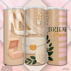 Bridal Tumbler Wrap PNG | Bride Babe Wedding Heels Ring Box Flowers 20oz Skinny Wrap | Elegant Wedding Sublimation Digital Download |