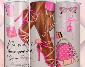 Pink Fashion Tumbler Wrap PNG | Glam Heels, Handtasche, Parfüm & Makeup | Motivationszitat 20 Unzen Skinny Sublimationsdesign Tumbler Wrap