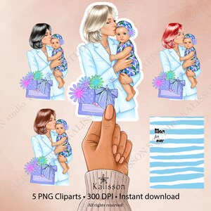 Mother and Daughter Clipart Set | Mom & Baby Blue Illustration PNG | Family Digital Stickers | High-Resolution  300 DPI Download | Printable