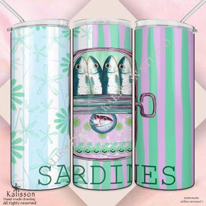 Sardines Tumbler Wrap PNG, 20oz Skinny Sublimation Design, Quirky Retro tin Can art, Pink & Mint Coastal Vibes, Instant Download, 300 dpi