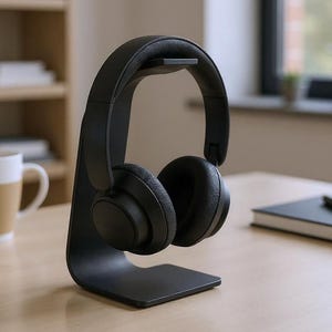 Könnte beinhalten: Schwarzer Over-Ear-Kopfhörer auf einem schwarzen Kopfhörerständer. Der Ständer steht auf einer hellen Holzoberfläche. Eine weiß-beige Tasse und ein Notizbuch mit Stift liegen ebenfalls auf dem Tisch.