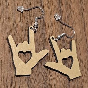 American Sign Language &quot;I Love You&quot; Hand Sign Birch Wood Dangle Drop Earrings
