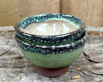 Set of Two Handmade Ceramic Pottery Green and Brown and Blue Charcuterie Ramekin Bowls