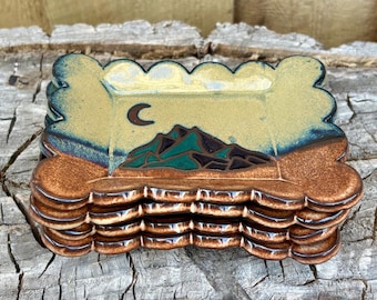 Handmade Rectangle Scallop Edge Moon Mountain Plate | Catch All Dish Jewelry Tray Soap Dish
