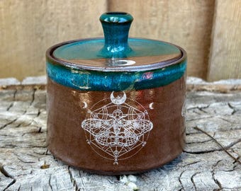 Handmade Moon Witchy Turquoise Pottery Jar - Bathroom Kitchen Altar Jar