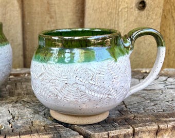 Handmade Green and White Fern Ceramic Mug – Unique Pottery Gift for Nature Lovers