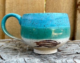 Gold Sea Turtle Mug: Handmade Turquoise Ocean Pottery Cup