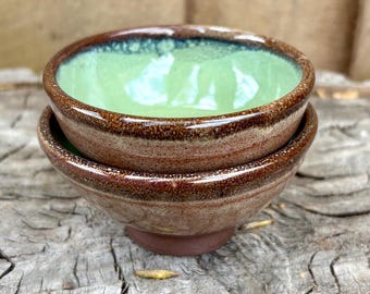 Set of Two Handmade Ceramic Pottery Green and Brown Charcuterie Ramekin Bowls