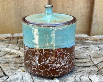 Handmade Chocolate Clay Magnolia Lidded Jar: Blue Green Floral Lidded Jar
