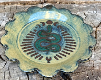 Handmade Hand Painted Snake Moon Catch All Dish - Unique Small Sparkly Ritual Plate