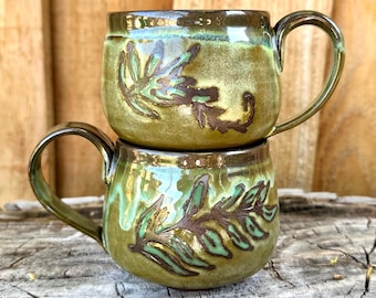 Handmade Hand Painted Green Fern Ceramic Pottery Mug - Unique Nature-Inspired Drinkware