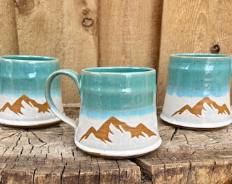 Handmade Turquoise and White Mountain Ceramic Mug – Unique Pottery Gift for Nature Lovers