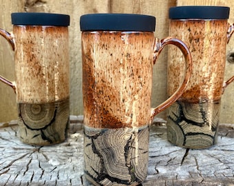 Seconds Wood Grain Handmade Pottery Travel Mug with Silicone Lid - Discounted