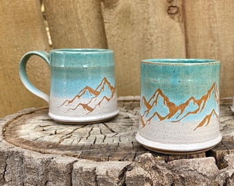Handmade Turquoise and White Mountain Ceramic Mug – Unique Pottery Gift for Nature Lovers