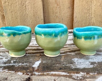 Set of Three Handmade Turquoise and Sage Green Ceramic Shot Glasses - Perfect for Home Bar Decor