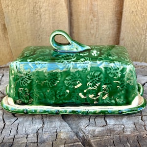 Handmade Ceramic Green Monstera Leaf UK Irish Block Butter Dish | Unique Ceramic Design