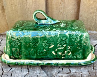 Handmade Ceramic Green Monstera Leaf UK Irish Block Butter Dish | Unique Ceramic Design