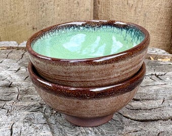 Set of Two Handmade Ceramic Pottery Green and Brown Charcuterie Ramekin Bowl