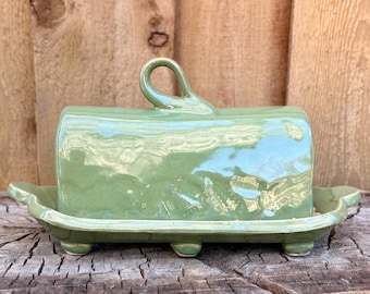 Green Fern Handmade Ceramic Butter Dish - Filigree Fern Discounted Seconds