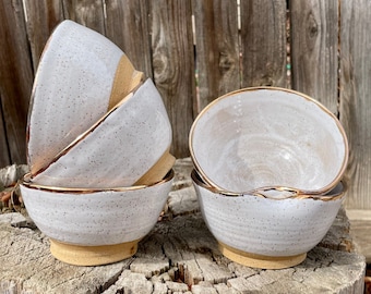 White and Gold Dessert Thumbprint Bowl | Thumb-rest bowl | Wheelthrown Bowl | Handmade Pottery Bowl | Handmade Soup Bowl | White glaze