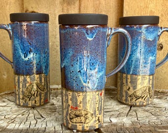Handmade Ceramic Fox Forest Travel Mug: Cup Holder Friendly with Silicone Lid