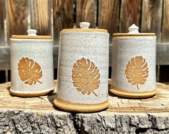 Monstera Leaf Q-Tip Lidded Jars | Stoneware Lidded Jar | Iron Glazed or White | Kitchen Jars | Bathroom | Wheel Thrown Jars | Bathroom Jars