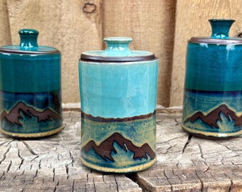Handmade Chocolate Clay Lidded Jar: Etched Bathroom Kitchen Storage