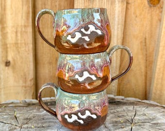One of a Kind Handmade Hand Painted Cloud Mug | Layered Pink Green Glaze Ceramic Pottery