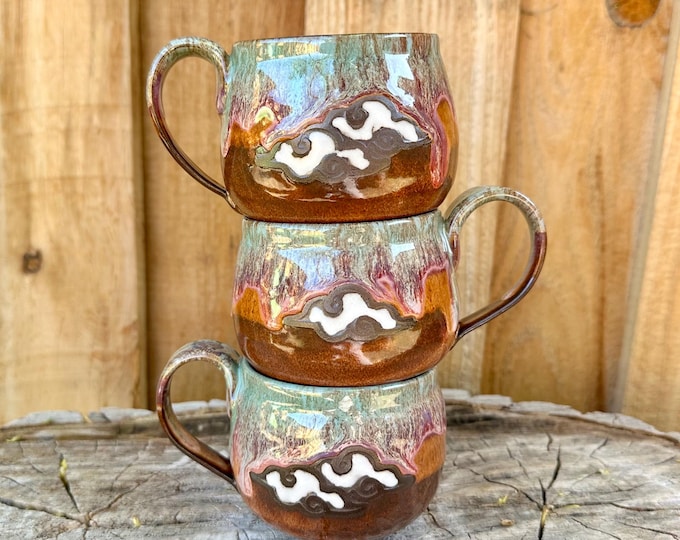 Featured listing image: One of a Kind Handmade Hand Painted Cloud Mug | Layered Pink Green Glaze Ceramic Pottery