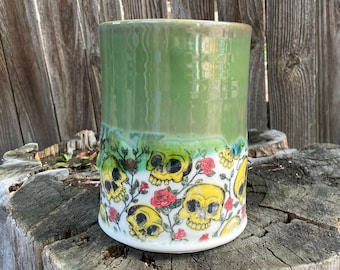 Green Skull Porcelain Large-kitchen-Utensil-Holder Wine Chiller Vase | Large Utensil Holder | Handmade Utensil Holder | Vase | Porcelain