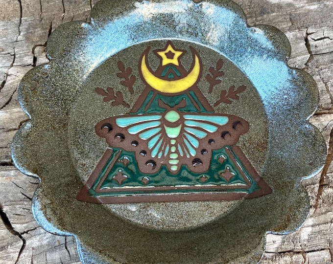 Featured listing image: Handmade Hand Painted Luna Moth Moon Catch All Dish - Unique Sparkly Witchy Ritual Plate