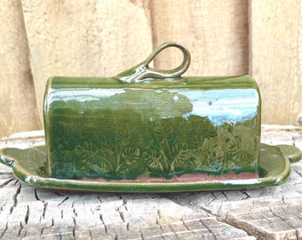Unique Handmade Green Monstera Butter Dish | Artistic Ceramic Pottery for Your Kitchen | Discounted Seconds