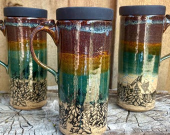 Handmade Mountain Ceramic Travel Mug with Silicone Lid