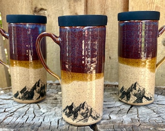 Handmade Mountain Ceramic Travel Mug with Silicone Lid